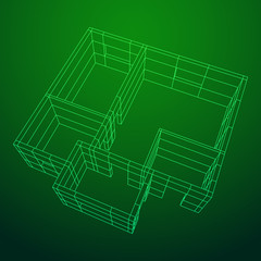 Abstract architecture building. Plan of modern house. Wireframe low poly mesh construction.