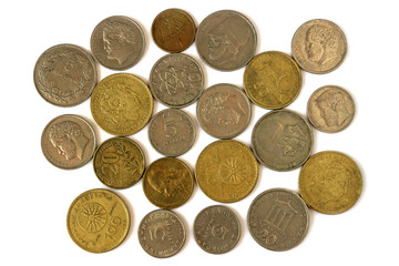 Different coins of old Greek Drachma. Assortment of coins- of one hundred, fifty, twenty, ten and five drachmas.