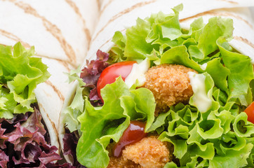 Grilled tortilla with chicken, mayo and tomato ketchu....Grilled tortilla chicken, lettuce, homemade mayo and barbeque sauce