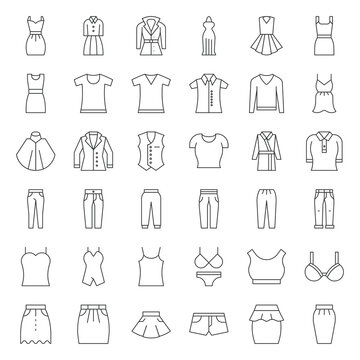 Female clothes, bag, shoes and accessories fashion, thin outline icon set  1