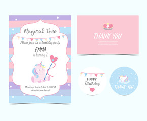 Hand drawn pink blue card and label with sleep unicorn,flag,rainbow,cloud,star and crown