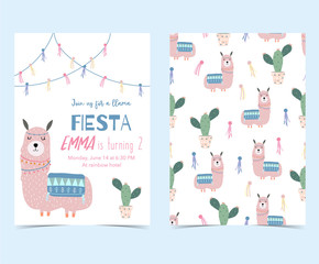 Hand drawn cute card with cactus and llama