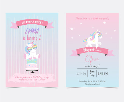 Hand drawn pink blue card and label with sleep unicorn,rainbow,star,cake,glasses
