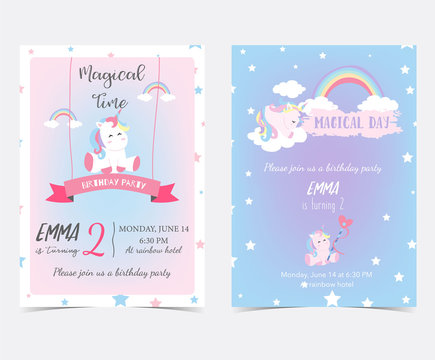 Hand drawn pink blue card and label with sleep unicorn,ribbon,rainbow,cloud and star