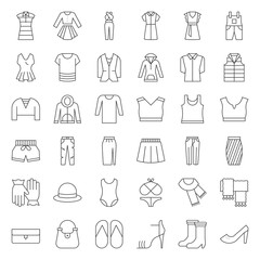 Female clothes, bag, shoes and accessories thin outline icon set 2