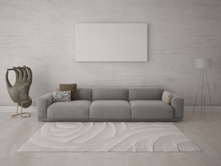 Mock up a fashionable living room with a gray sofa and a stylish hipster background.