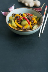 Traditional uigur salad of with beef and vegetables