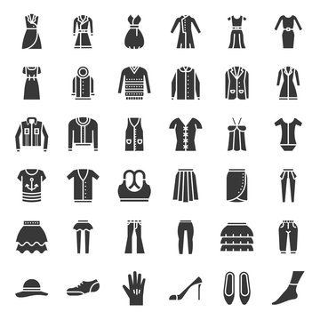Female clothes, bag, shoes and accessories, solid icon set 3