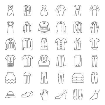Female clothes, bag, shoes and accessories thin outline icon set 3