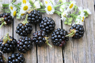 Blackberry scattered on a wooden background. Fresh, ripe blackberries. Bramble. Dewberry. 