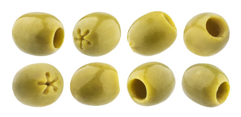 Pitted olives collection. Green olive isolated on white background with clipping path