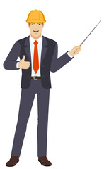 Businessman in construction helmet holding a pointer and showing thumb up