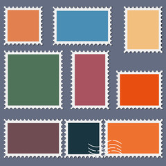 Blank postage stamps template set on dark background. Rectangle and square postage stamps for envelopes, postcards. Vector illustration.