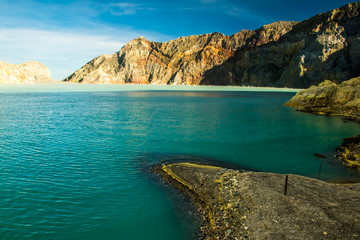 Beatiful blue lake of Kawah Ijen volcano crater, Indonesia