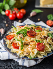 Italian pasta with sauce, cherry tomatoes, basil and parmesan cheese. Delicious pasta plate. Vegan pasta. 