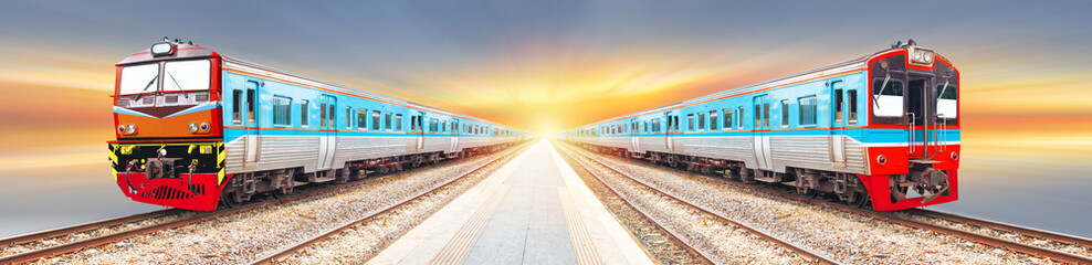 Obraz premium Railroad train in trip to creative for design and decoration isolate on background.Copy space. Travel concept (Train motion)