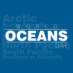 An abstract illustration for World Oceans day with the names of the five oceans