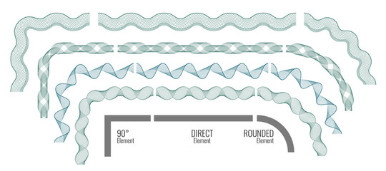 Seamless Guilloche Borders. Set of corner, direct and rounded elements. For certificate or diploma, isolated. Vector illustration.