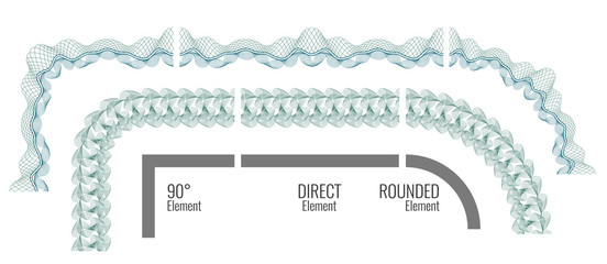 Seamless Guilloche Borders. Set of corner, direct and rounded elements. For certificate or diploma, isolated. Vector illustration.