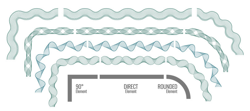 Seamless Guilloche Borders. Set of corner, direct and rounded elements. For certificate or diploma, isolated. Vector illustration.