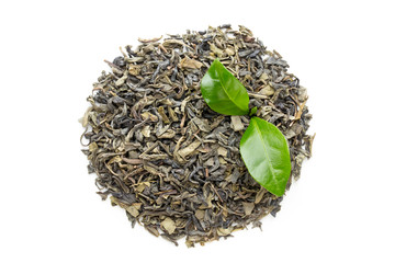 Green tea leaf isolated on white background.