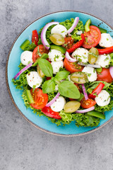 Vegetable salad with cheese mozzarella, tomatoes, basilikum and spice.