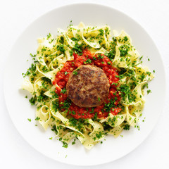 turkey meatball , pasta, tomato sauce, parsley