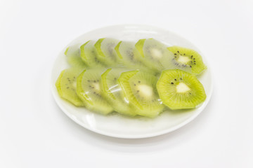 fruits which are wrapped with plastic film preservation on a table on white background.