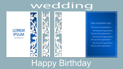 The inscription-happy birthday, wedding. Sakura. Card floral border and space for text. Laser cutting template for greeting cards, invitations, decorative elements. Vector - obrazy, fototapety, plakaty