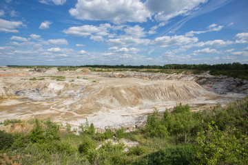 Flooded open pit quarry ore clay mining with amazing terricons heaps scour and washouts