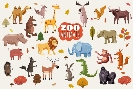 Big set of wild animals cartoon vectors. African, Australian, Asian, South and North American fauna predators and herbivorous species. Cartoon style, isolated