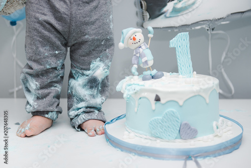 Kid S Feet Near The Cake Cute Little Boy Eating His First Birthday