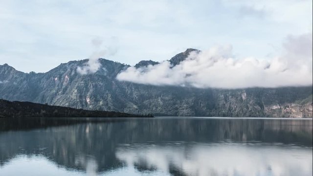 time lapse of cloud floating above the reflecting lake between the mountains peak