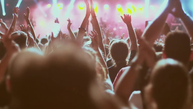 Iconic Night Concert, Front Row Crowd Cheering Hands In Air slow motion