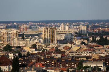Fototapeta na wymiar Aerial view of Zagreb, east part panorama in bright sunny day, Zagreb, Croatia 