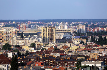 Naklejka premium Aerial view of Zagreb, east part panorama in bright sunny day, Zagreb, Croatia 