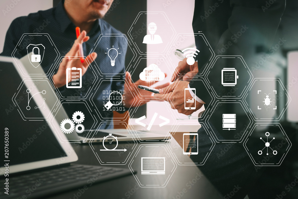 Poster co working team meeting concept,businessman using smart phone and digital tablet and laptop computer