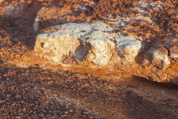 Uneven Red dry soil with fragments of saline soil
