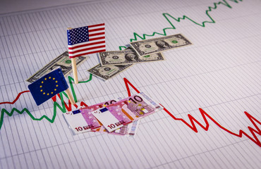 Flags and coins of the EU and the USA over a graph that symbolizes the fluctuations of the exchange rate of the currency and the appreciation of the dollar against the euro.