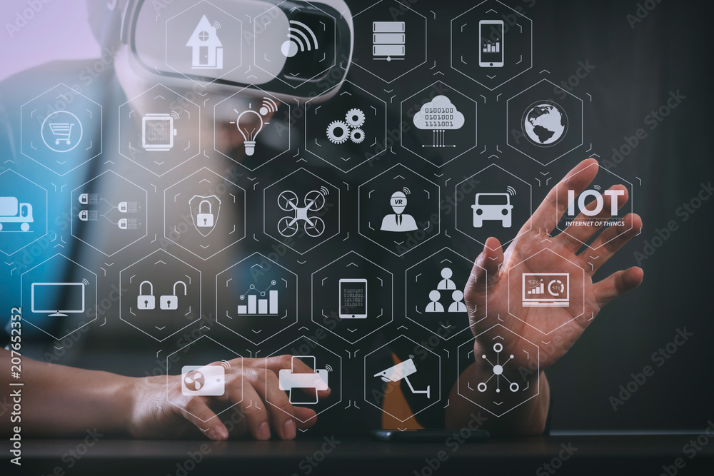 Poster businessman wearing virtual reality goggles in modern office with smartphone using with vr headset