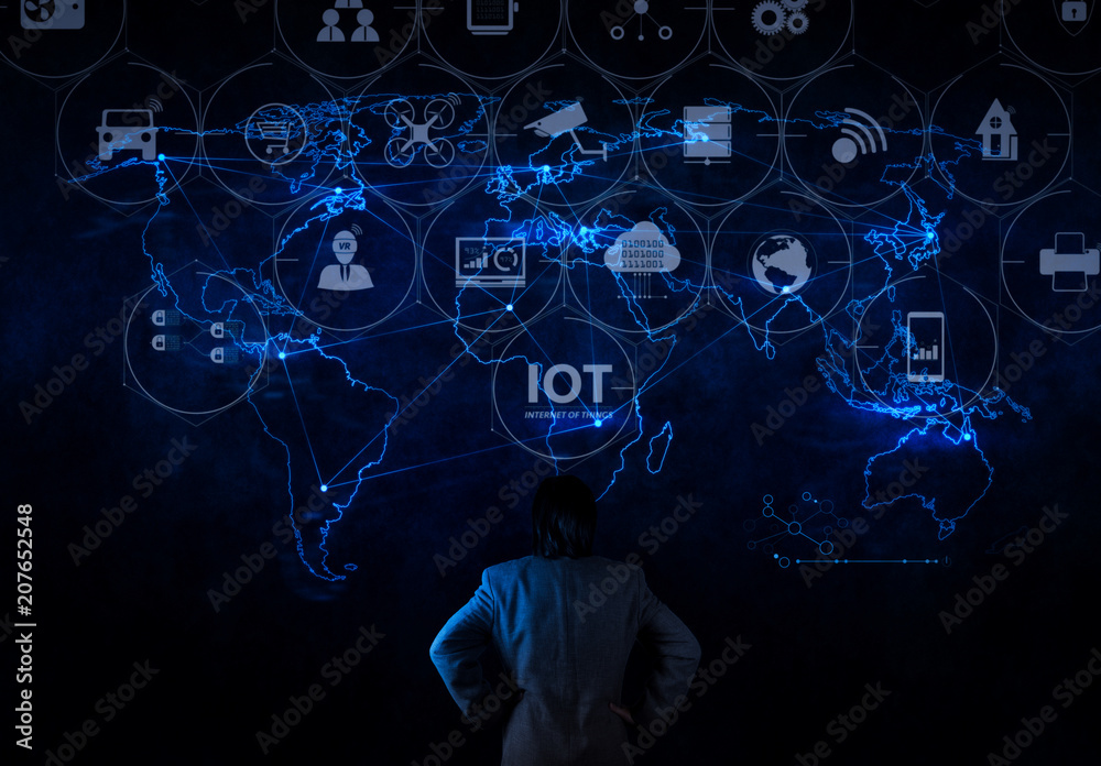 Poster businessman working with new modern computer show social network