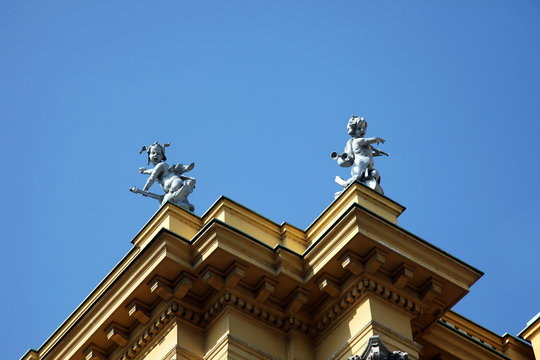 Heruvim sculpture on the roof of National Theater in Zagreb, Croatia 
