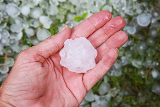 Golf ball sized hail in hand after hailstorm