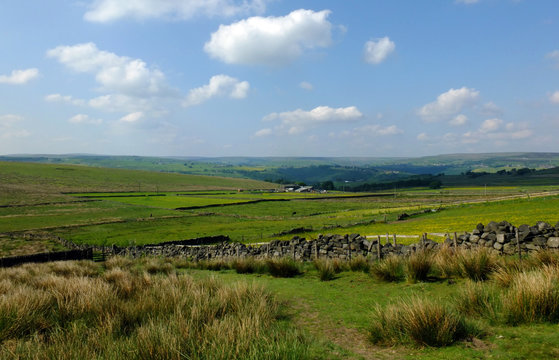 scenic view of a path on the edge of moorland in calderdale west yorkshire with rough tussock grass with dry stone walls bordering pastureland with farmhouses and pennine hills visible in the distance