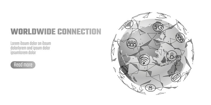 Global network connection. World map Asia continent point line worldwide information technology dat exchange business. Planet Earth space low poly polygonal render vector Illustration