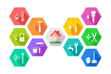 Facility management concept with house and related working tools in colorful flat design. Icon set in hexagon shape. - obrazy, fototapety, plakaty