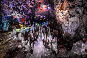 Raufarholshellir - May 04, 2018: Ice crystals inside the Raufarholshellir lava tunnels, Iceland