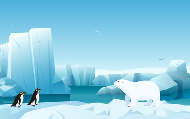 Cartoon nature winter arctic ice landscape with iceberg, snow mountains hills. White Bear and penguins. Vector game style illustration. © lembergvector