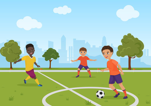 Boys Kids Playing Soccer Football. Vector Illustration.