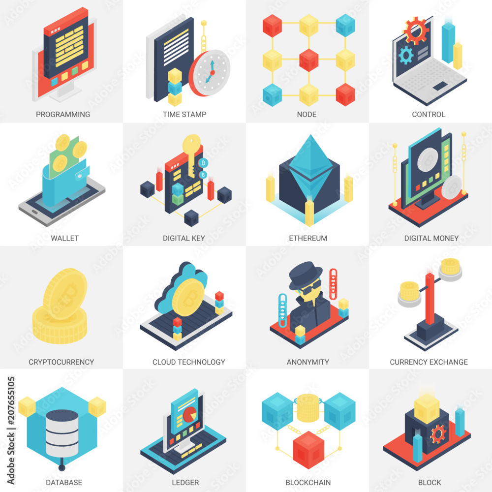 Aufkleber 3d vector isometric Cryptocurrency mining and Blockchain icons set.